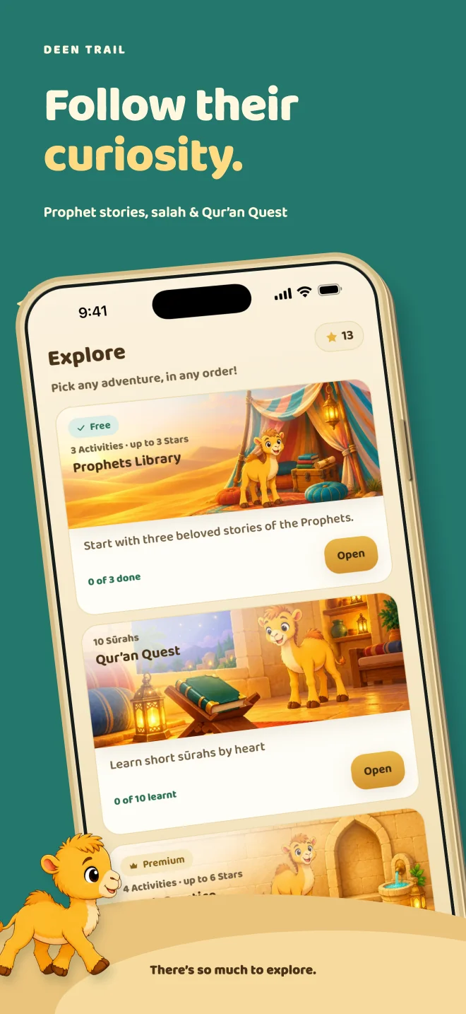 Deen Trail Explore screen with stories, salah and Qur’an Quest