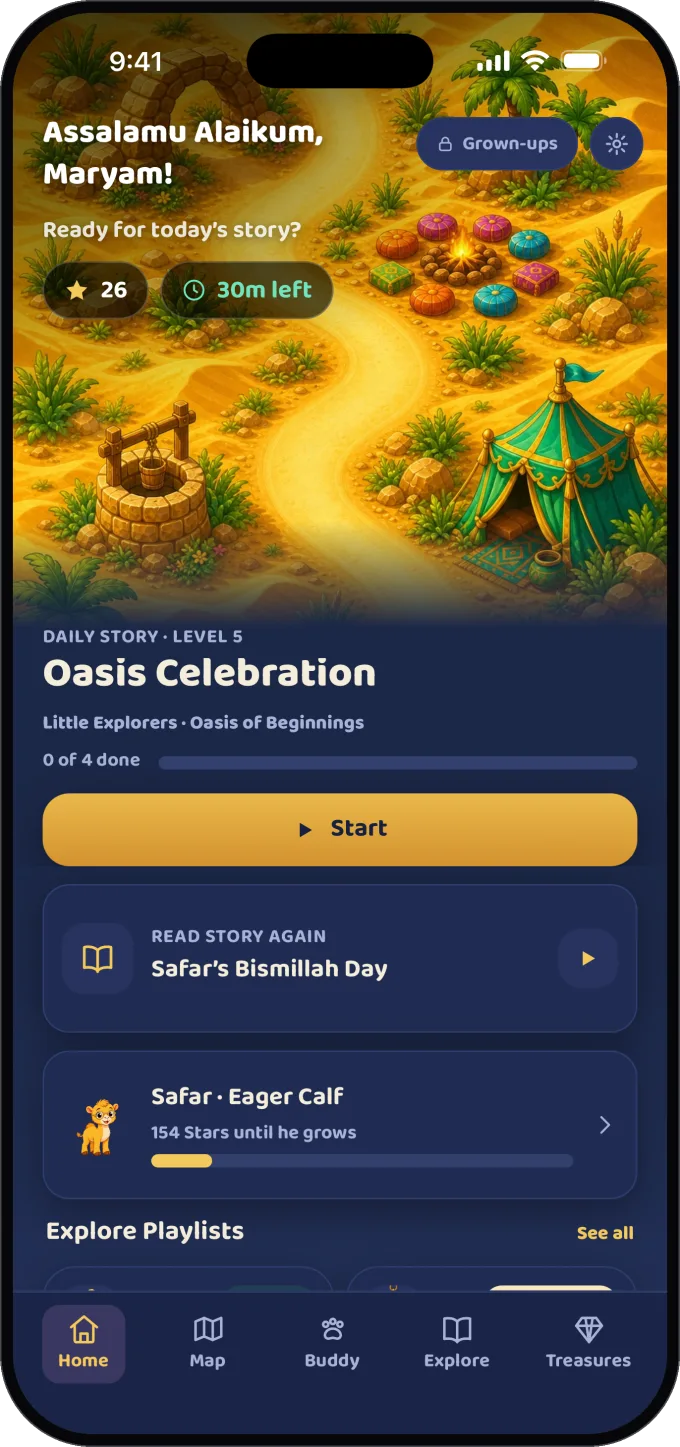 Deen Trail home screen with daily stories and activities